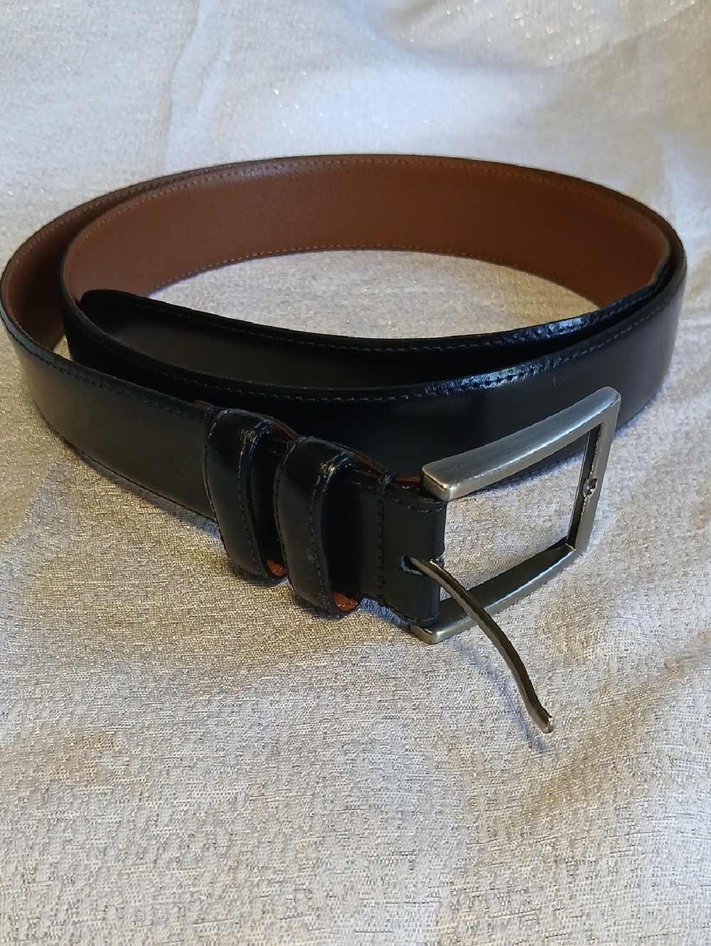 Joseph Abboud Black Leather Belt with Silver Buckle and Brown Interior